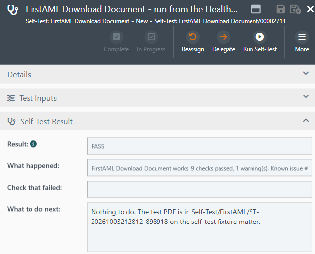 Self-test item after a run: Result PASS, What happened: FirstAML Download Document works, 9 checks passed, 1 warning. What to do next: nothing to do, with the folder that holds the test PDF.