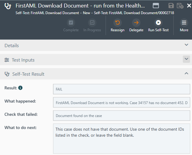 Self-test item: Result FAIL, Check that failed: Document found on the case, What to do next: use one of the document IDs listed in the check, or leave the field blank.