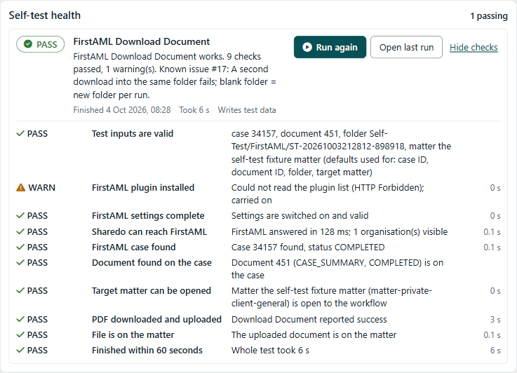 Self-test health board: FirstAML Download Document PASS, with the checks open, listing ten checks, each with its status, detail and time.