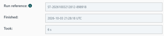 Self-test item fields: Run reference, Finished and Took.